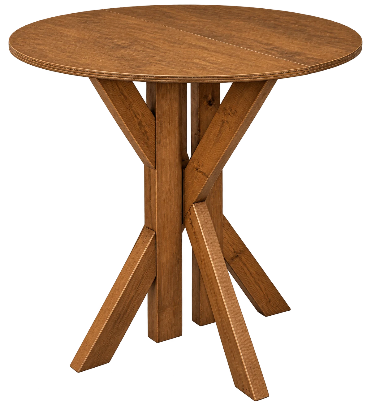 Round chestnut collapsible wooden cocktail table in the open position